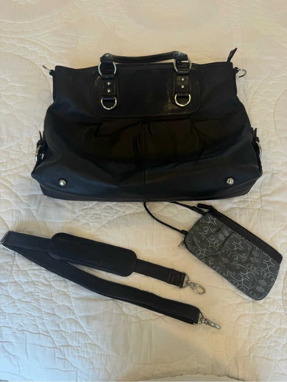Franklin Covey Soft Black Leather Laptop Tote with Polished Silver Accents